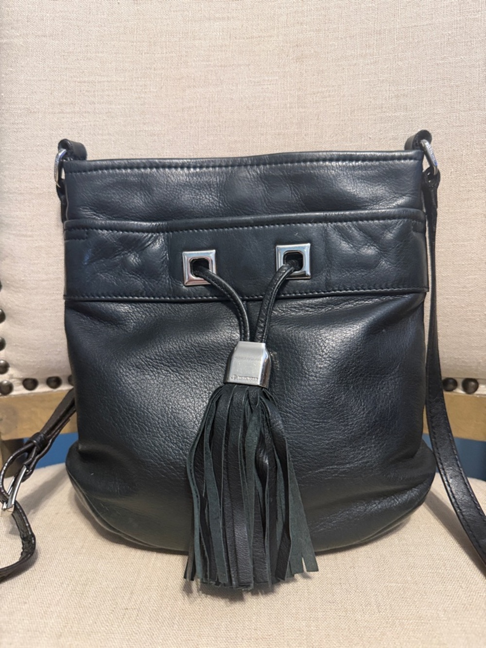 b. makowsky Black Leather Tassel Crossbody Shoulder Bag
